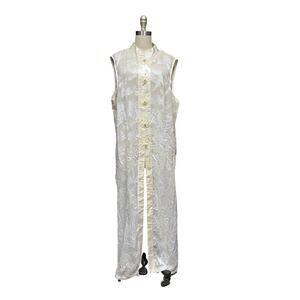 VTG Cream Floral Jacquard Sleeveless Duster Mandarin Collar Frog Closure SZ 24